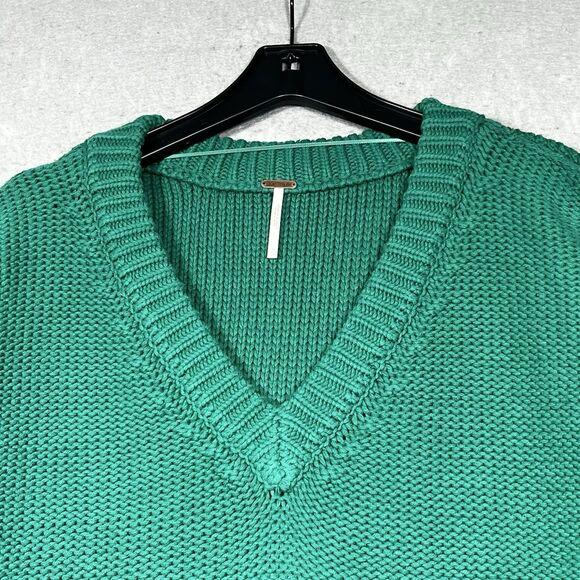 Free People Sweater Sz XL Green Alli V-Neck Heavy Knit  Mountain View Oversized - Picture 2 of 10
